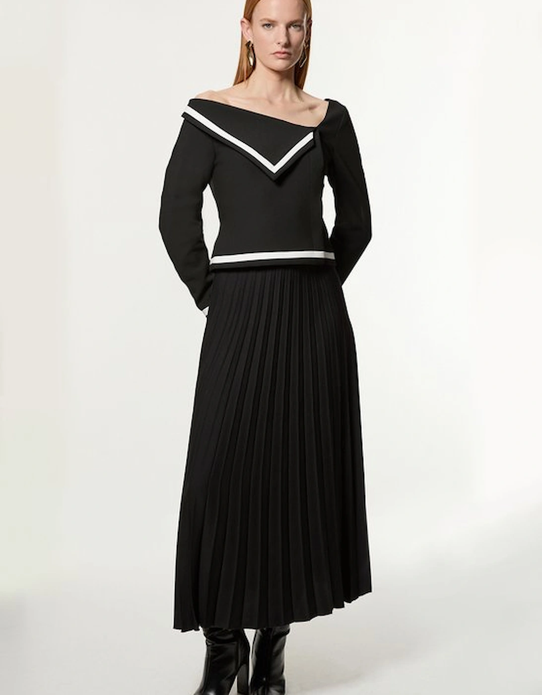 Petite Compact Stretch Asymmetric Neck Colour Block Pleated Tailored Midaxi Dress, 5 of 4