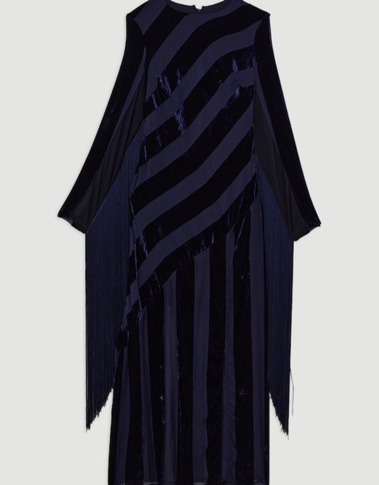 Fringed Velvet Devore Long Sleeve Woven Maxi Dress