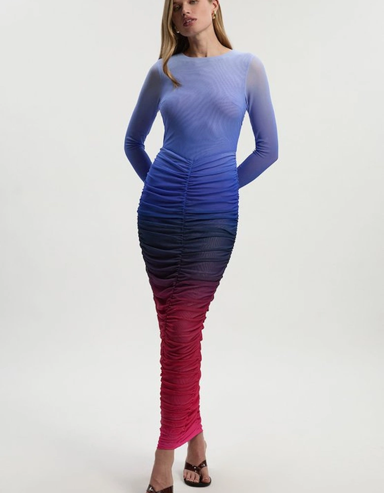 Ombre Printed Mesh Ruched Long Sleeve Maxi Dress