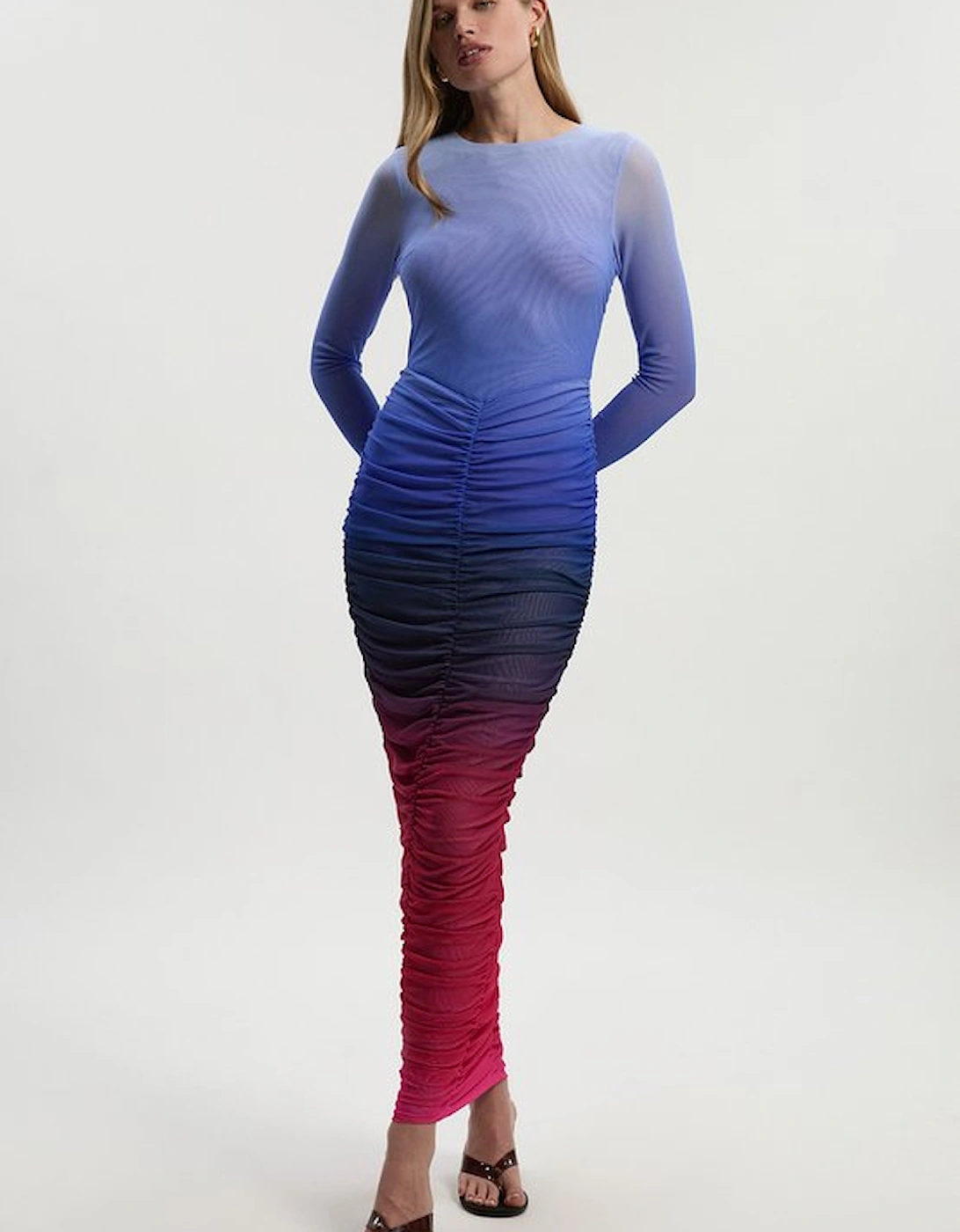 Ombre Printed Mesh Ruched Long Sleeve Maxi Dress