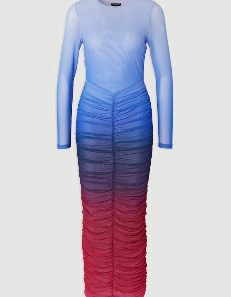Ombre Printed Mesh Ruched Long Sleeve Maxi Dress