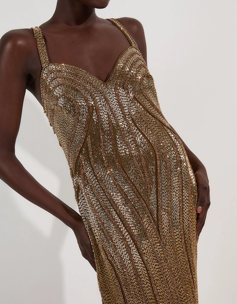 Petite Beaded Contour Sweet Heart Neckline Woven Maxi Dress