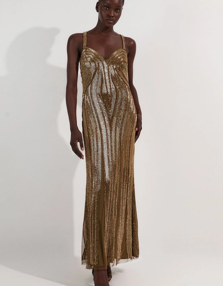 Petite Beaded Contour Sweet Heart Neckline Woven Maxi Dress