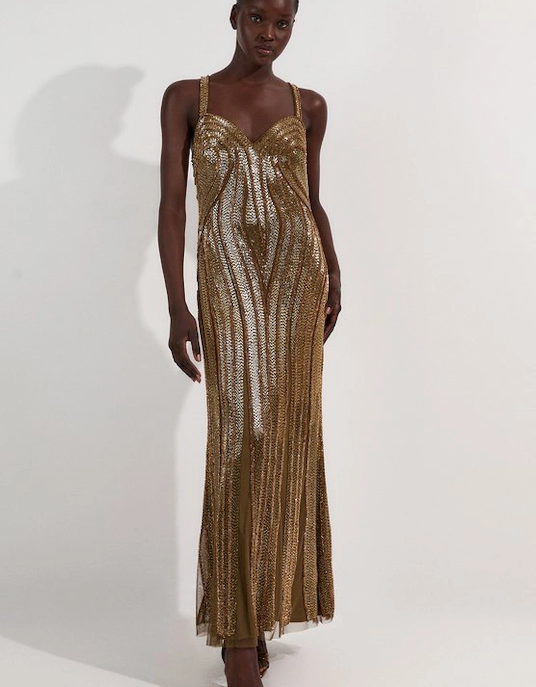 Petite Beaded Contour Sweet Heart Neckline Woven Maxi Dress