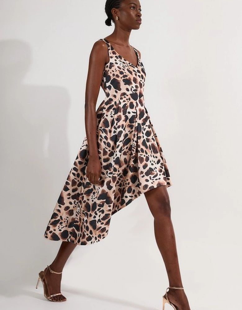 Structured Viscose Satin Animal Print Tailored Prom Maxi Dress