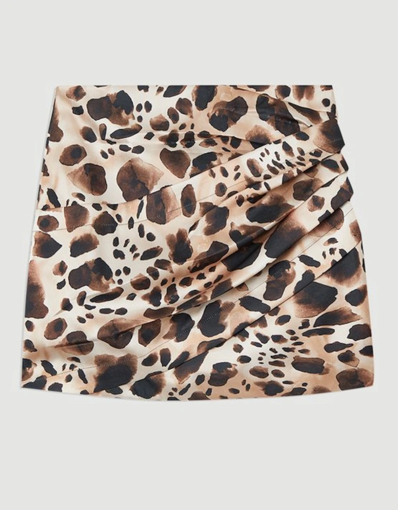 Structured Viscose Satin Animal Print Ruched Mini Skirt