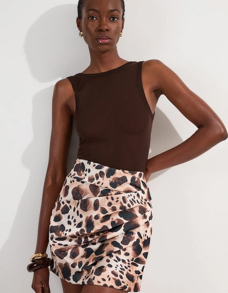 Structured Viscose Satin Animal Print Ruched Mini Skirt