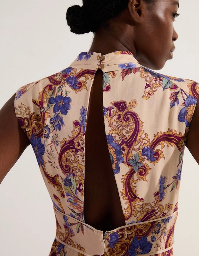Petite Premium Viscose Linen Paisley Border Print Woven Jumpsuit