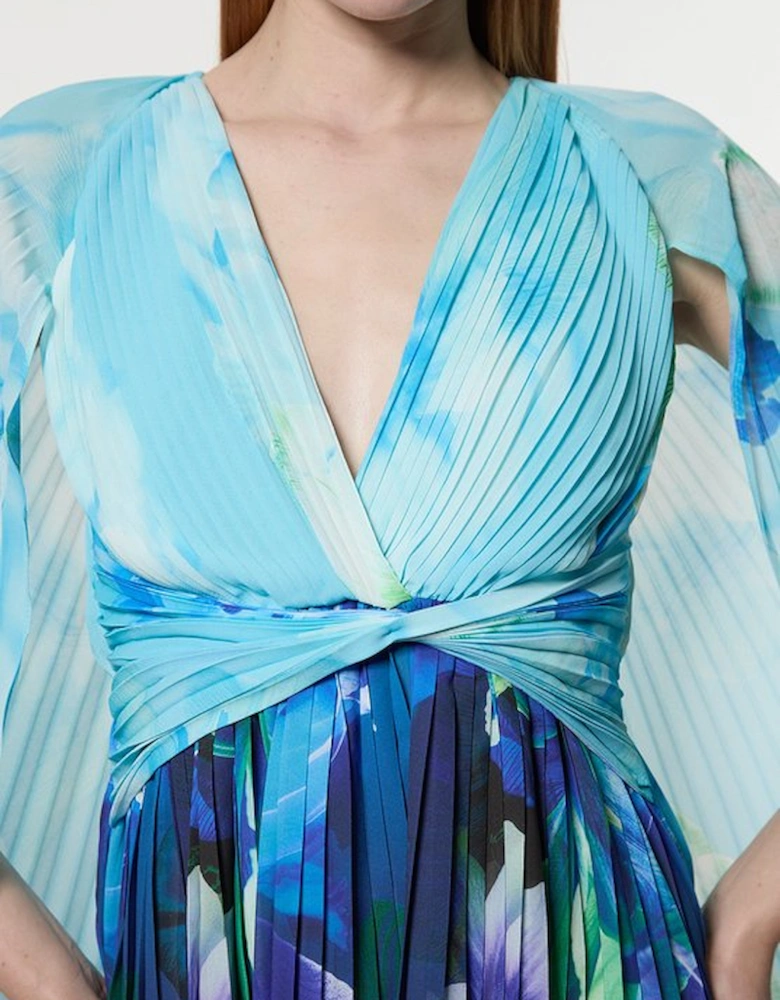 Ombre Floral Soft Pleated Woven Blouse With Cape