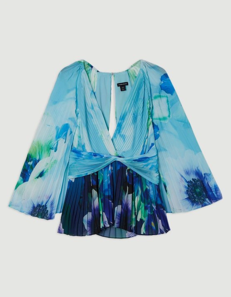 Ombre Floral Soft Pleated Woven Blouse With Cape