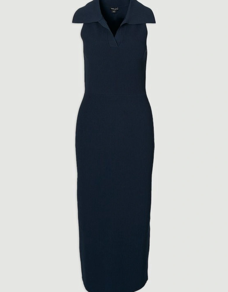 Ottoman Stitch Sleeveless Collar Detail Knitted Midi Dress