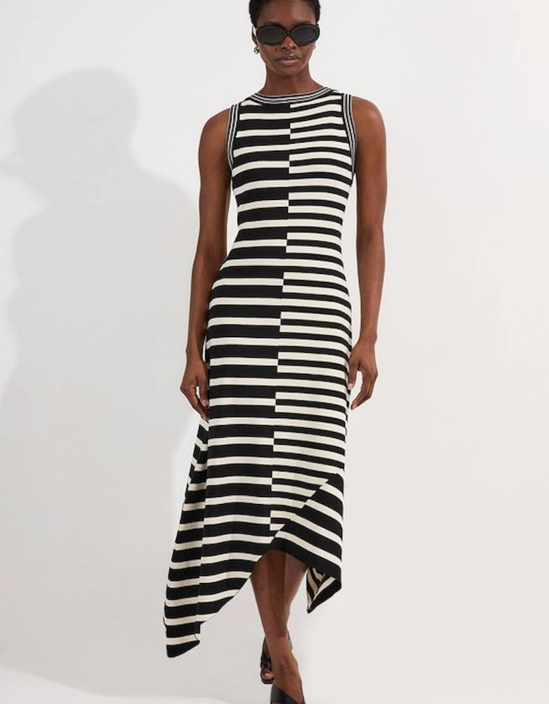 Asymmetric Hem Cut About Stripe Sleeveless Knitted Midi Dress