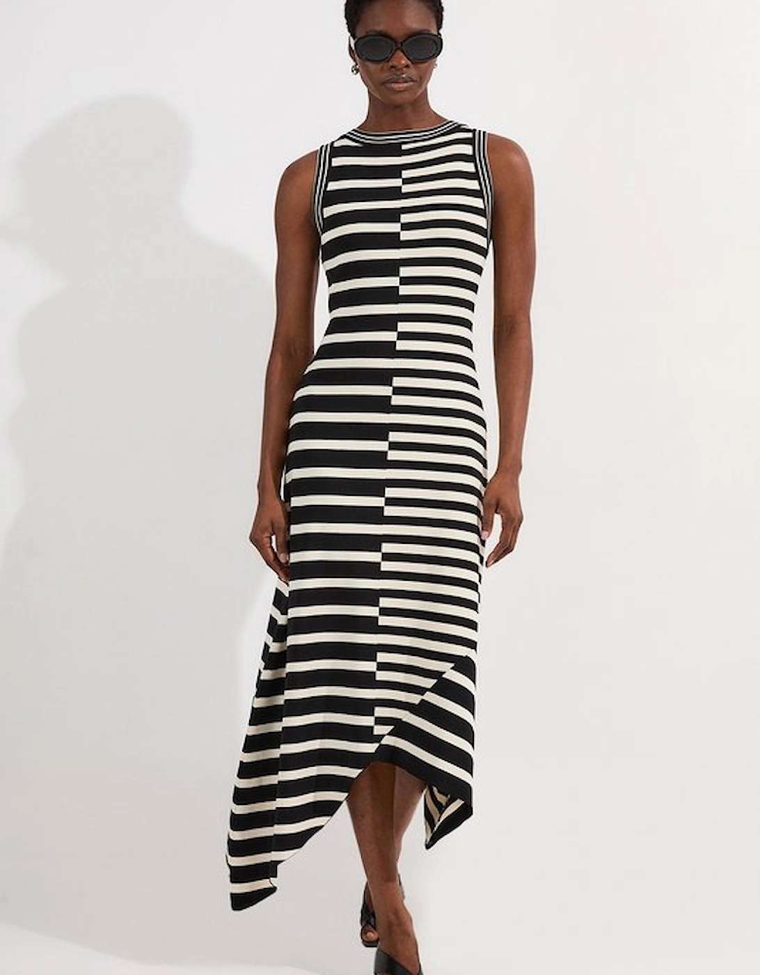 Asymmetric Hem Cut About Stripe Sleeveless Knitted Midi Dress, 5 of 4