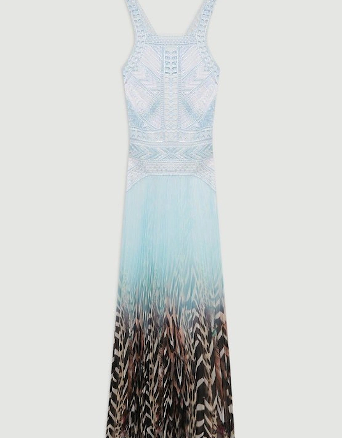Guipure Lace Printed Pleated Racer Woven Maxi Dress