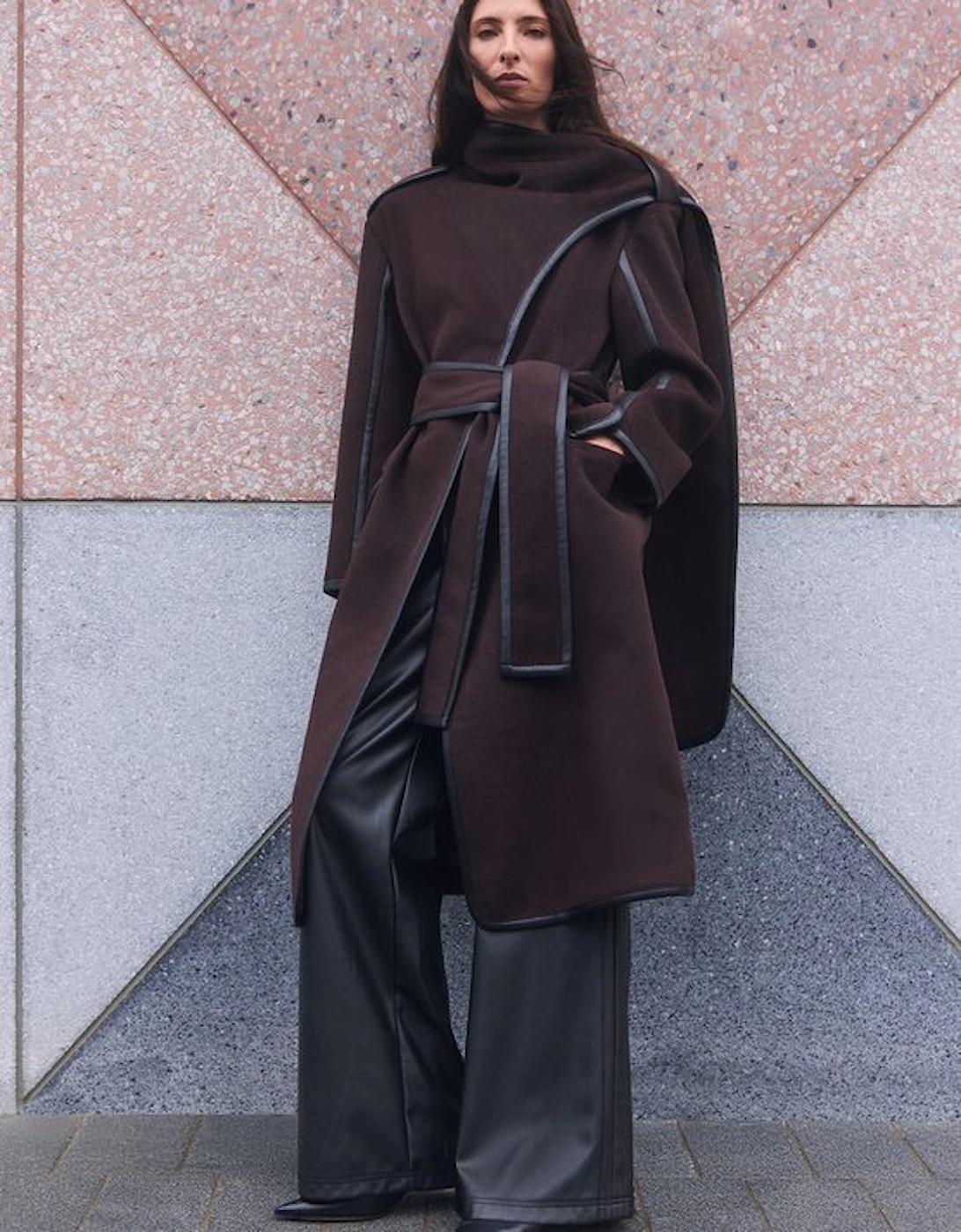 Brushed Wool Pu Mix Scarf Neck Belted Tailored Maxi Coat, 2 of 1
