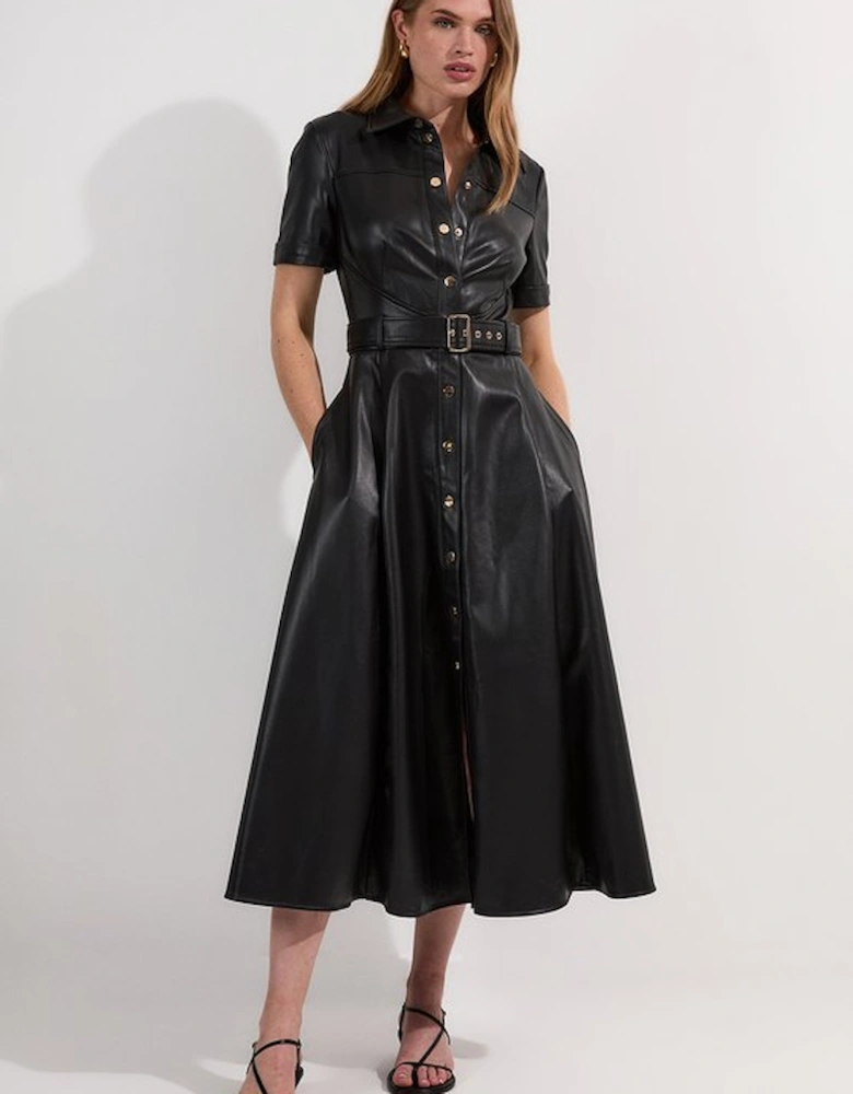 Petite Faux Leather Belted Midi Shirt Dress