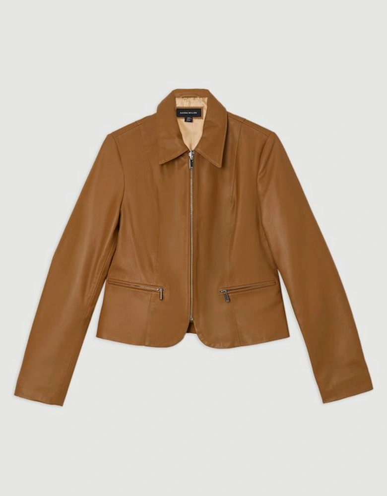 Leather Collared Zip Through Tailored Jacket