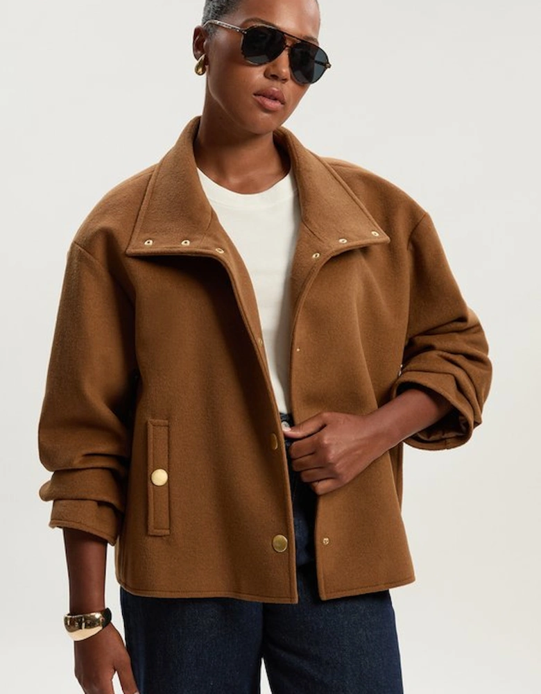 Plus Size Brushed Wool  Funnel Neck Tailored Short Coat