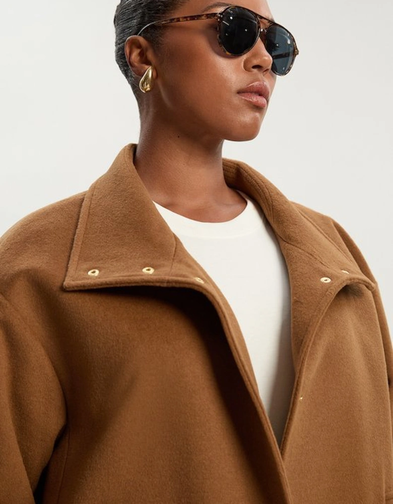 Plus Size Brushed Wool  Funnel Neck Tailored Short Coat