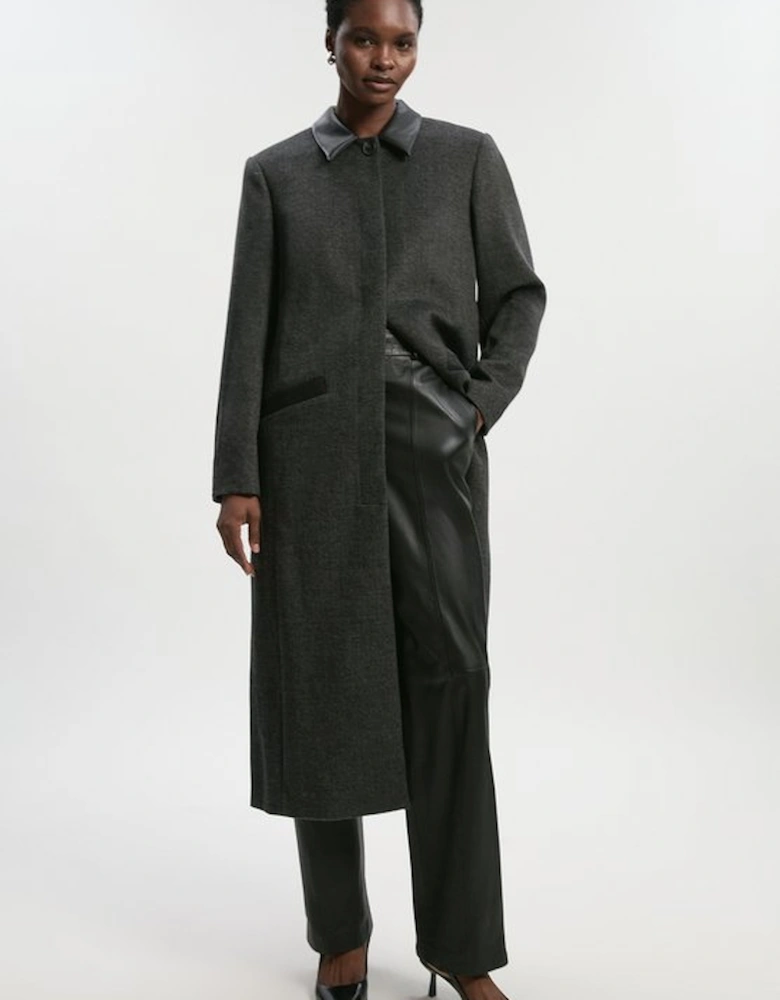 Brushed Wool Check Pu Mix Tailored Midi Coat