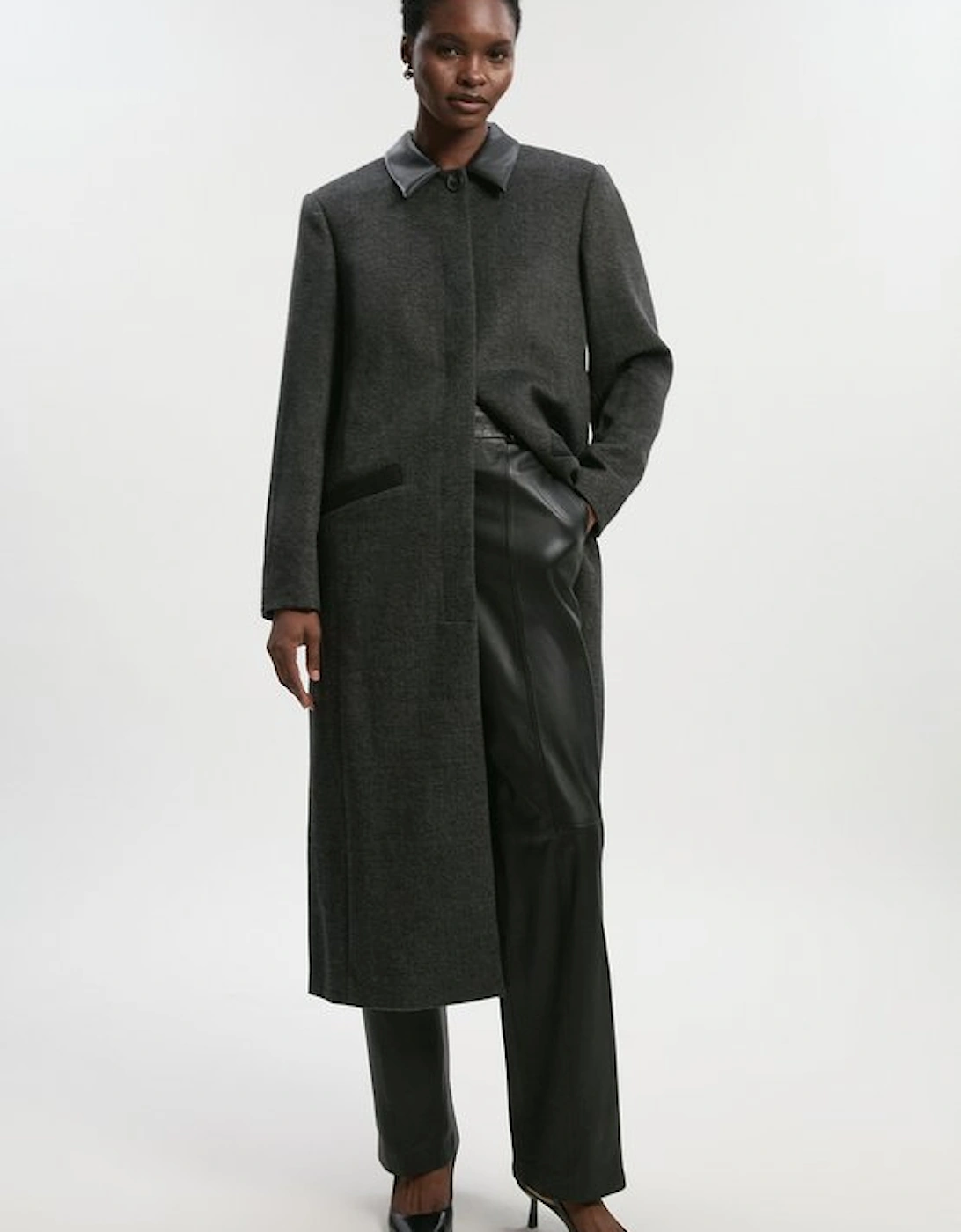 Brushed Wool Check Pu Mix Tailored Midi Coat, 2 of 1