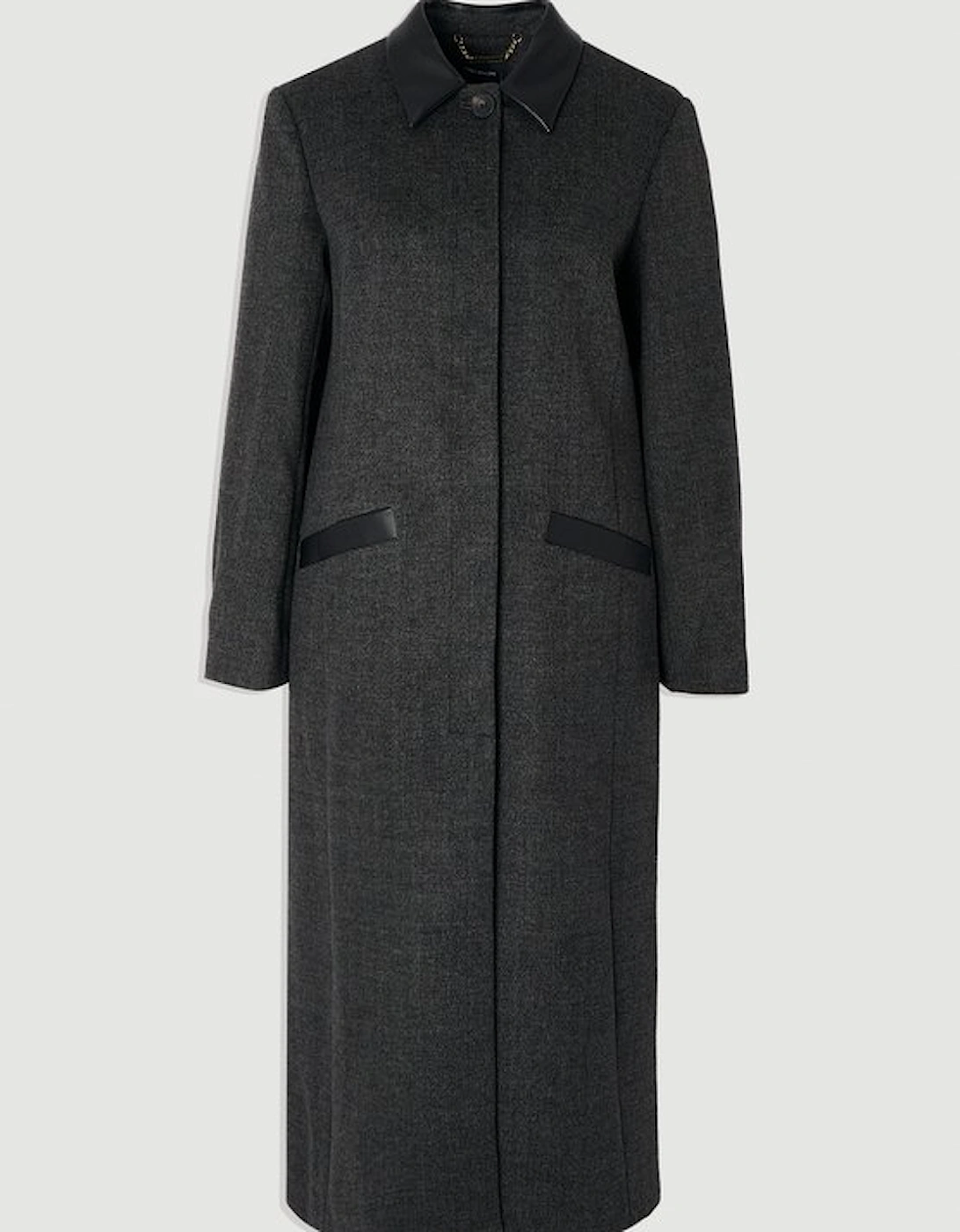 Brushed Wool Check Pu Mix Tailored Midi Coat