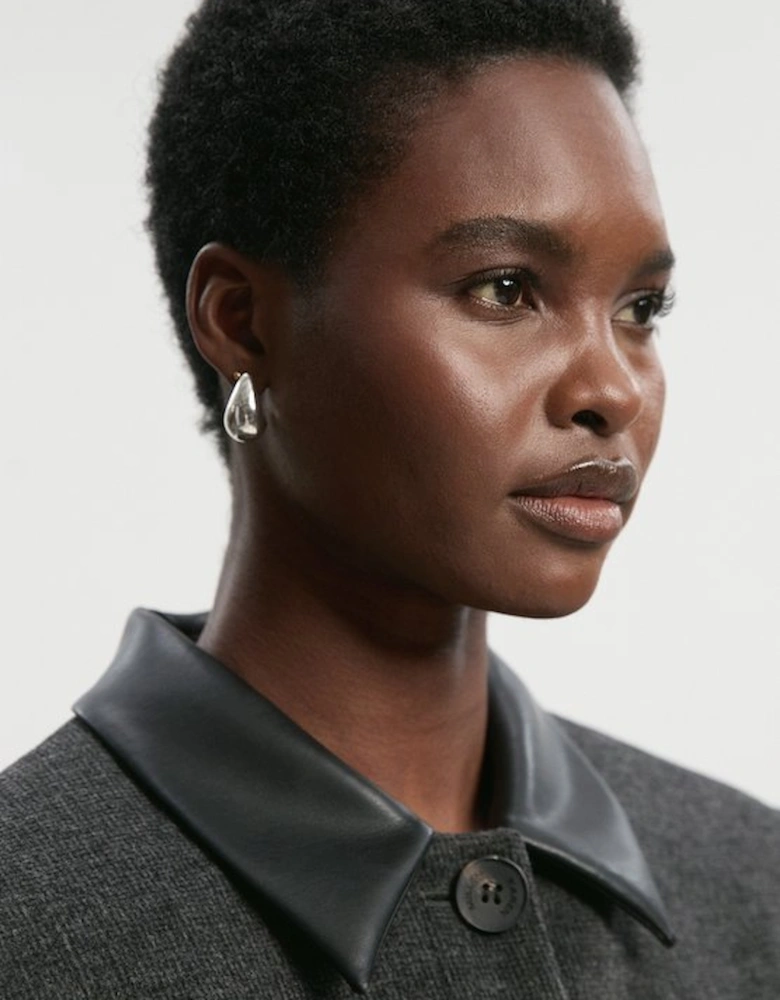 Brushed Wool Check Pu Mix Tailored Midi Coat