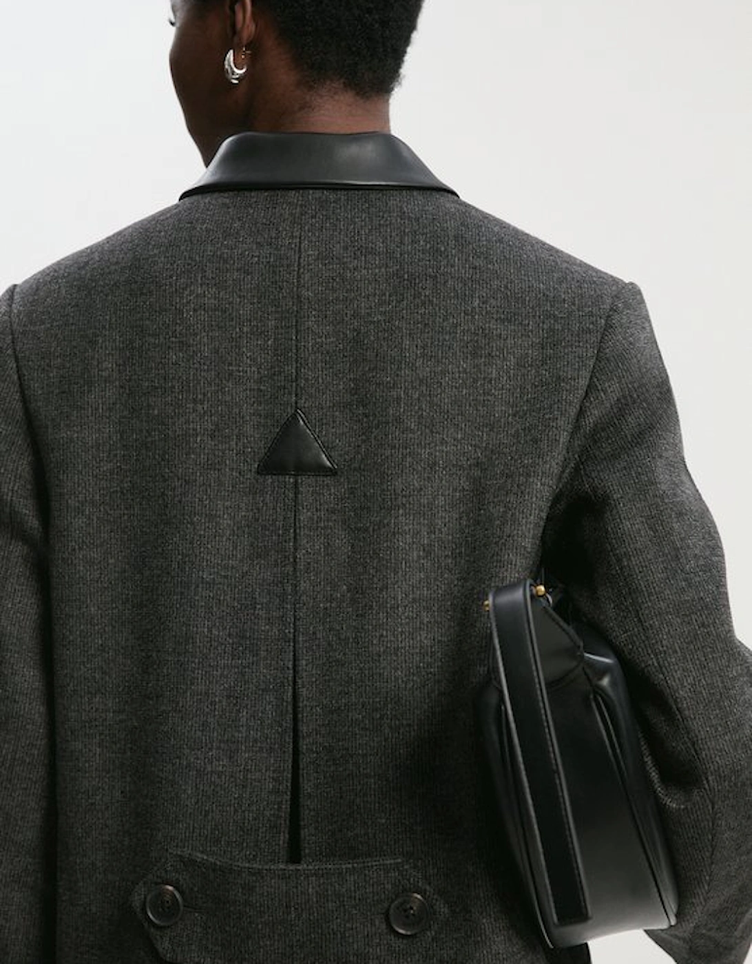 Brushed Wool Check Pu Mix Tailored Midi Coat