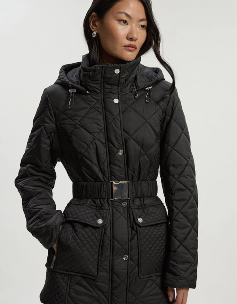 Diamond Quilted Belted Short Padded Coat