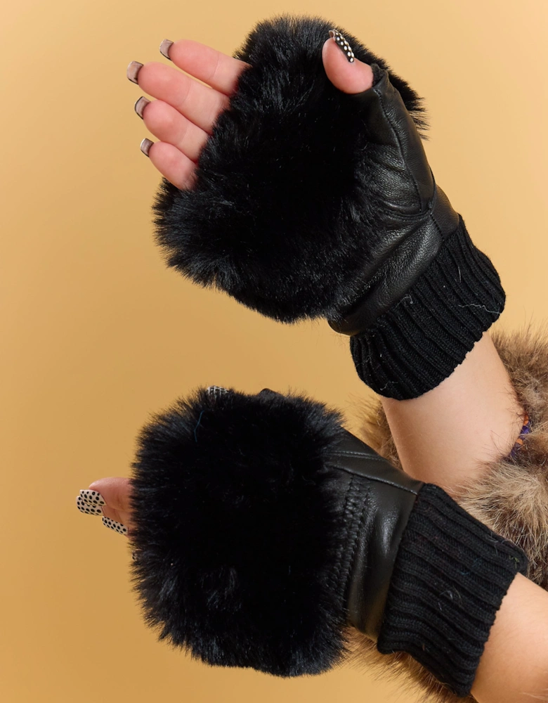Black Faux Fur Fingerless Gloves
