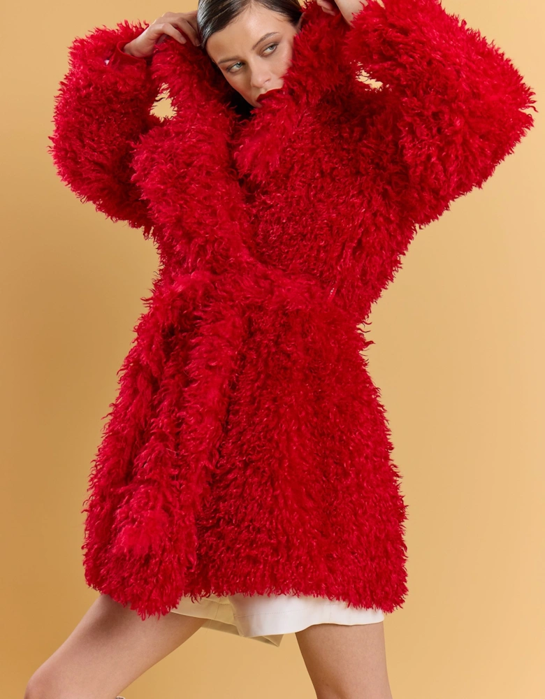 Red Bamboo Blend Faux Fur Shearling Coat