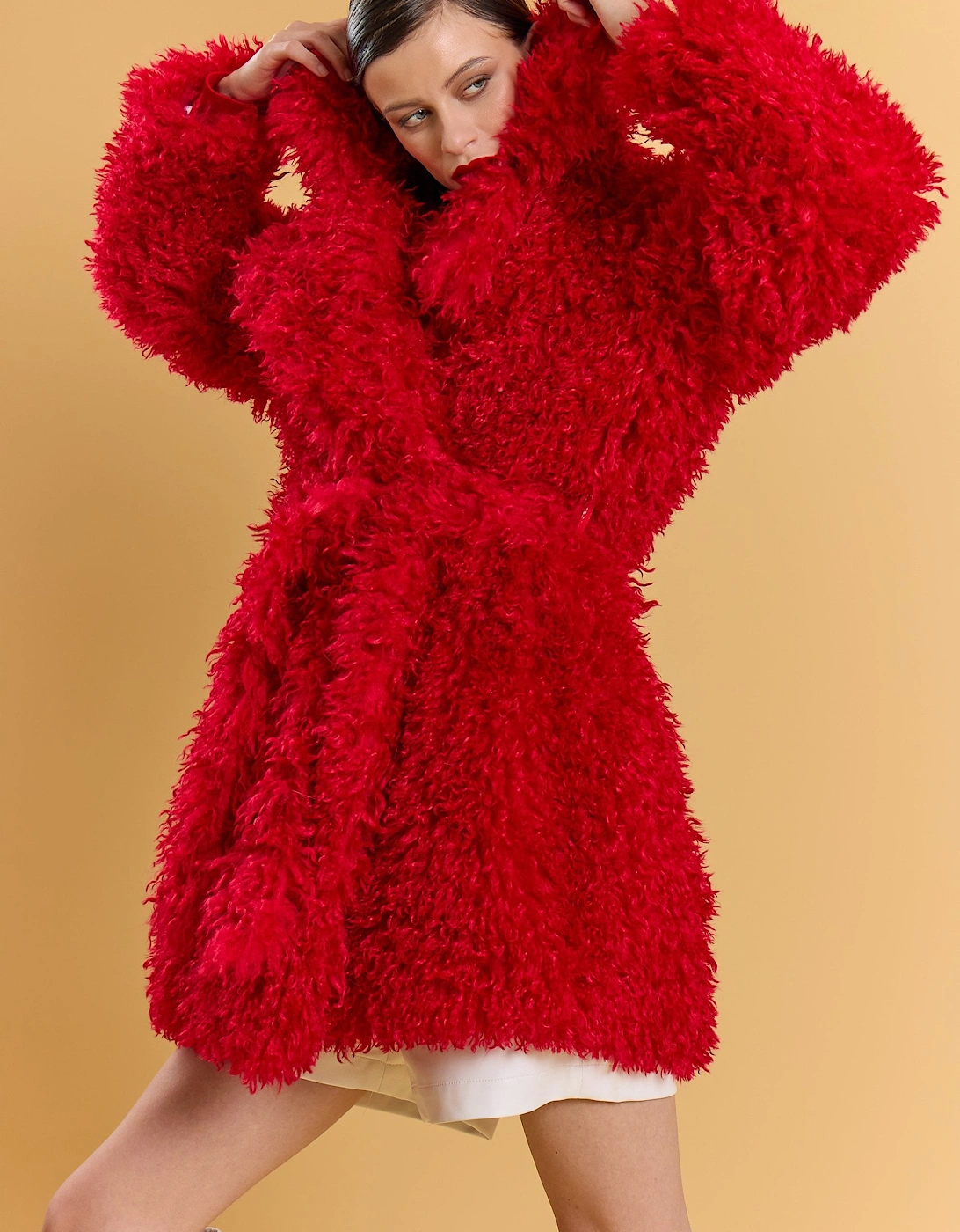 Red Bamboo Blend Faux Fur Shearling Coat, 8 of 7
