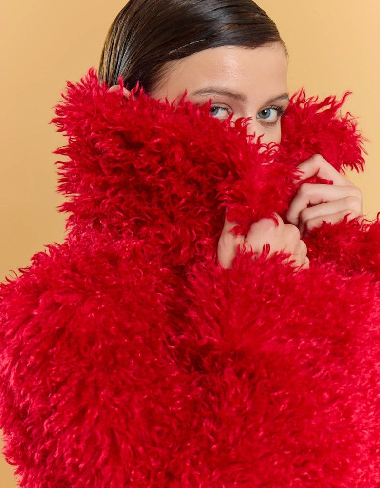 Red Bamboo Blend Faux Fur Shearling Coat