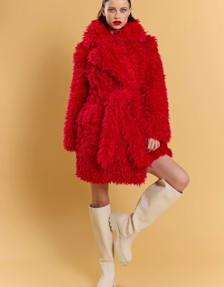 Red Bamboo Blend Faux Fur Shearling Coat