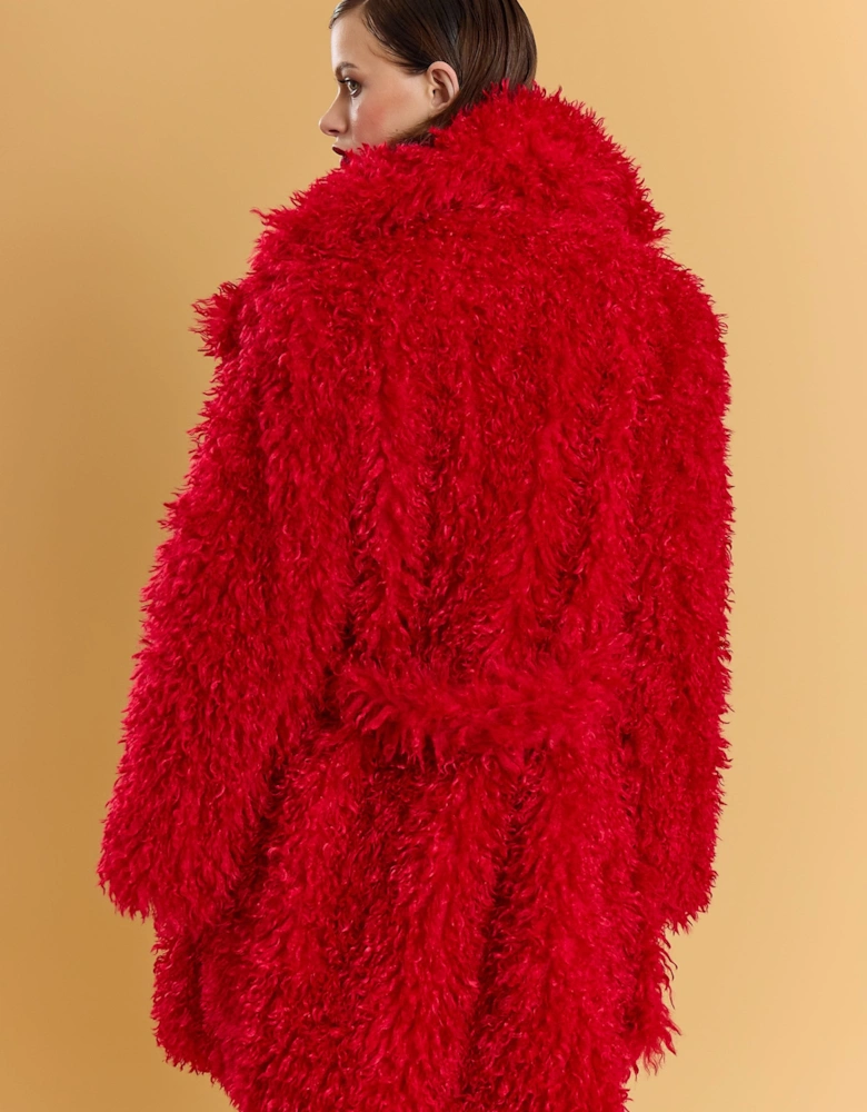 Red Bamboo Blend Faux Fur Shearling Coat