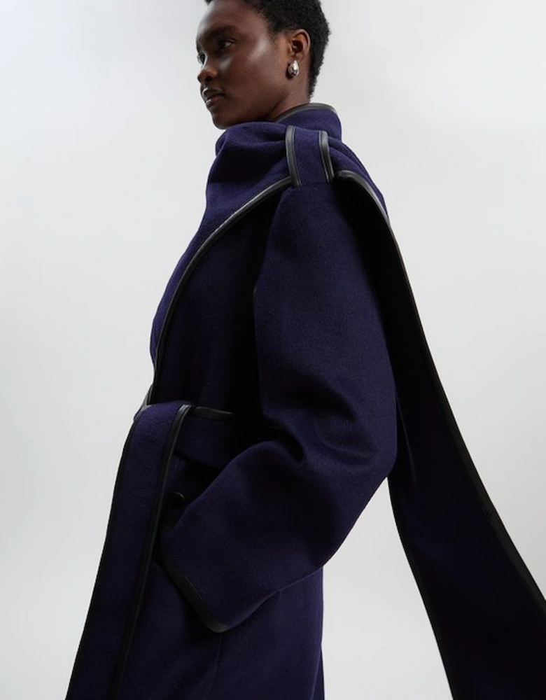 Brushed Wool Pu Mix Scarf Neck Belted Tailored Maxi Coat