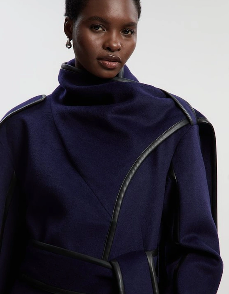 Brushed Wool Pu Mix Scarf Neck Belted Tailored Maxi Coat