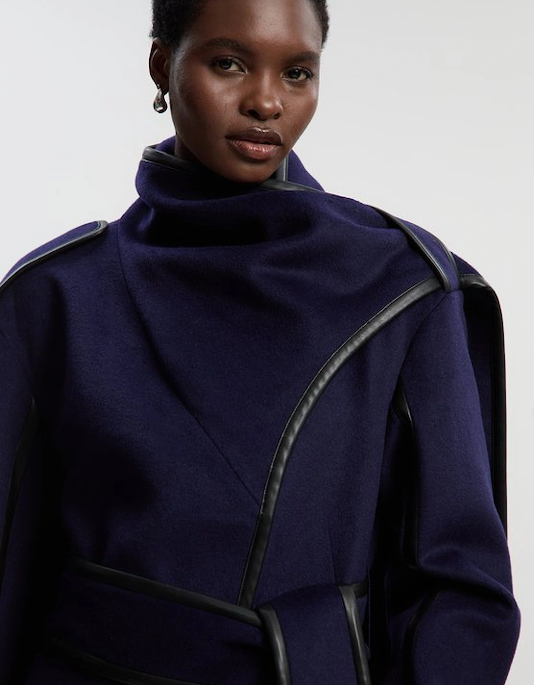 Brushed Wool Pu Mix Scarf Neck Belted Tailored Maxi Coat