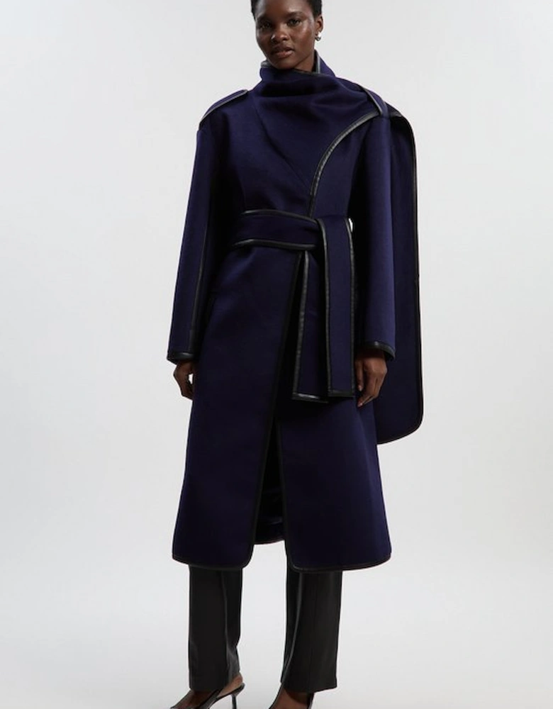 Brushed Wool Pu Mix Scarf Neck Belted Tailored Maxi Coat