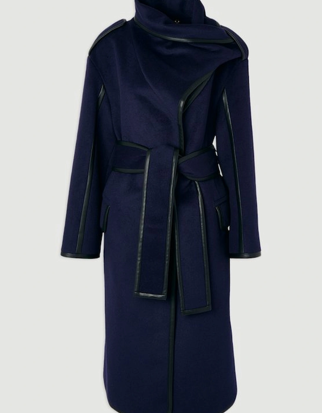 Brushed Wool Pu Mix Scarf Neck Belted Tailored Maxi Coat