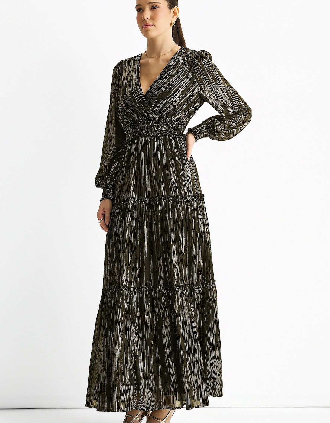 Black Lurex Chiffon Occassion Tiered Maxi Dress
