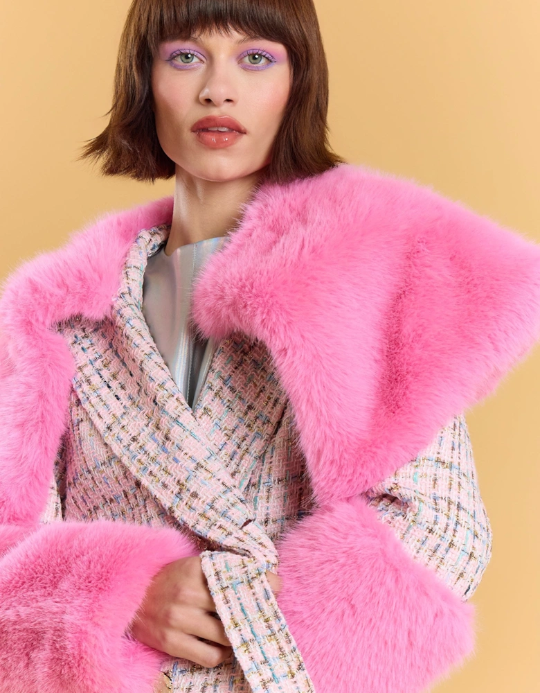 Cream and Pink Bamboo Lyocell Blend Check Faux Fur Coat