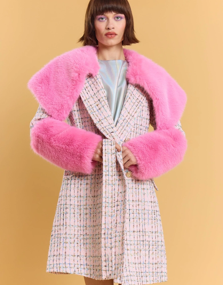 Cream and Pink Bamboo Lyocell Blend Check Faux Fur Coat