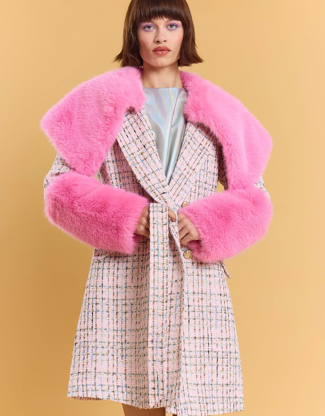 Cream and Pink Bamboo Lyocell Blend Check Faux Fur Coat, 5 of 4