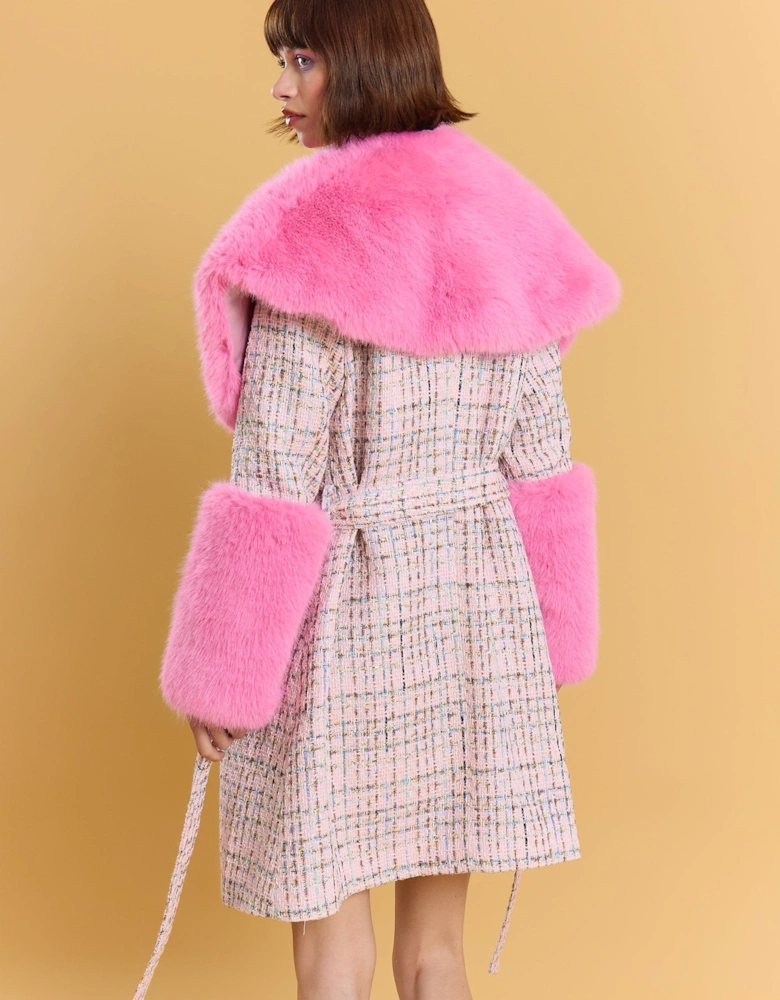 Cream and Pink Bamboo Lyocell Blend Check Faux Fur Coat
