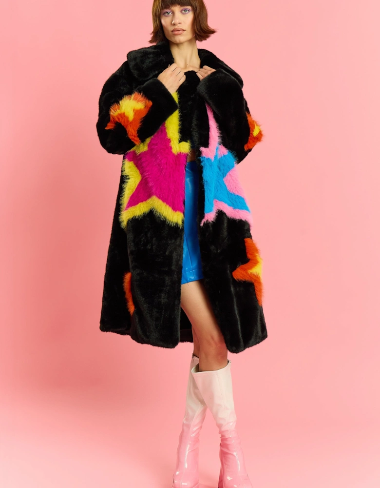 Black Hand Made Bamboo Lyocell Multi Faux Fur Star Coat