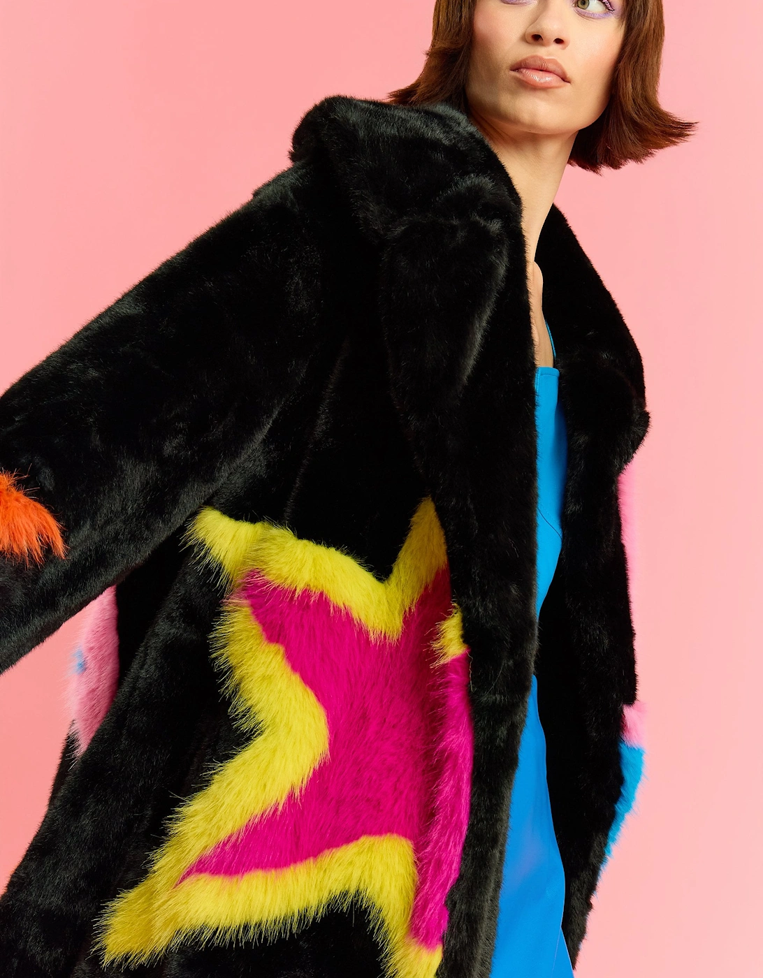 Black Hand Made Bamboo Lyocell Multi Faux Fur Star Coat