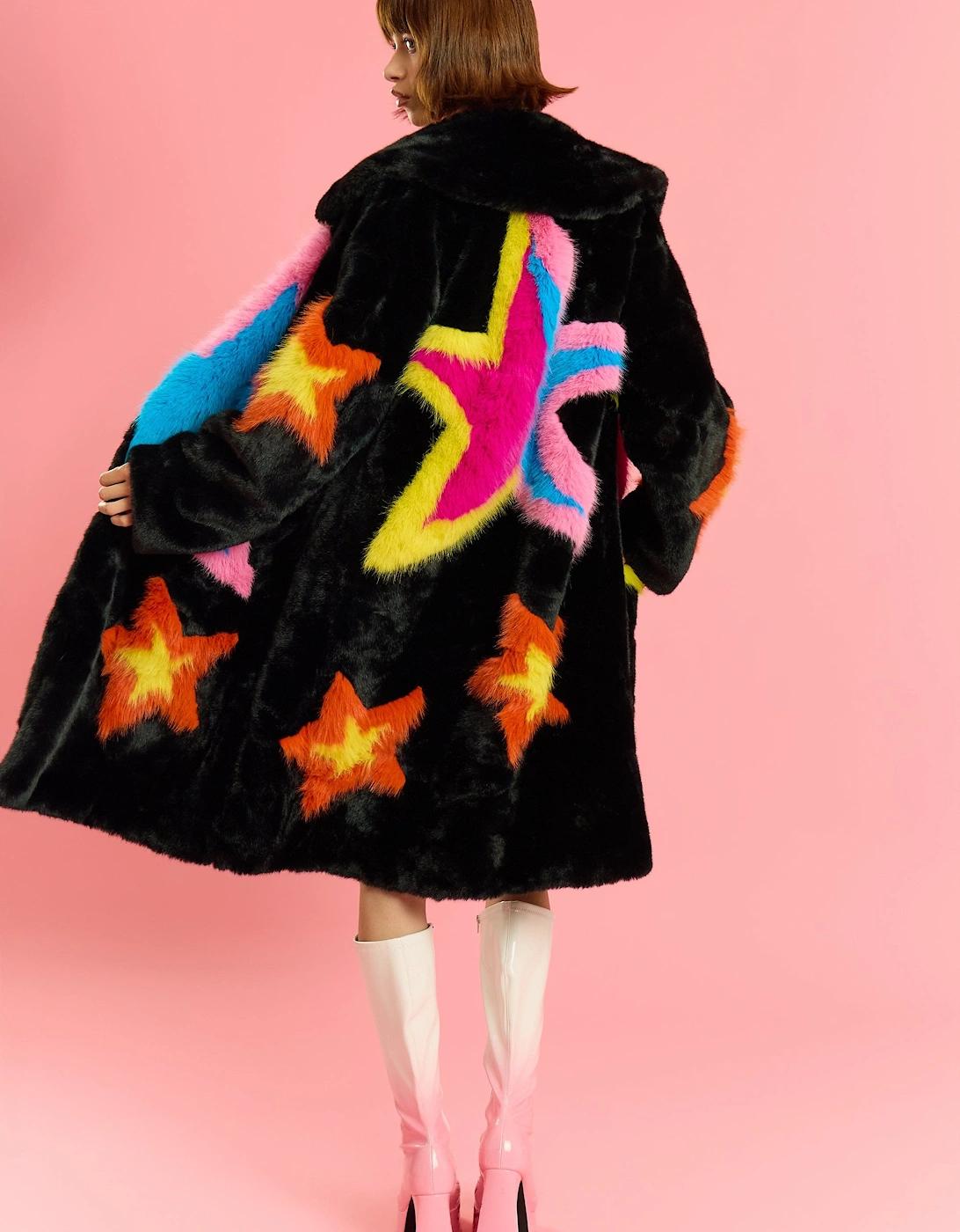 Black Hand Made Bamboo Lyocell Multi Faux Fur Star Coat