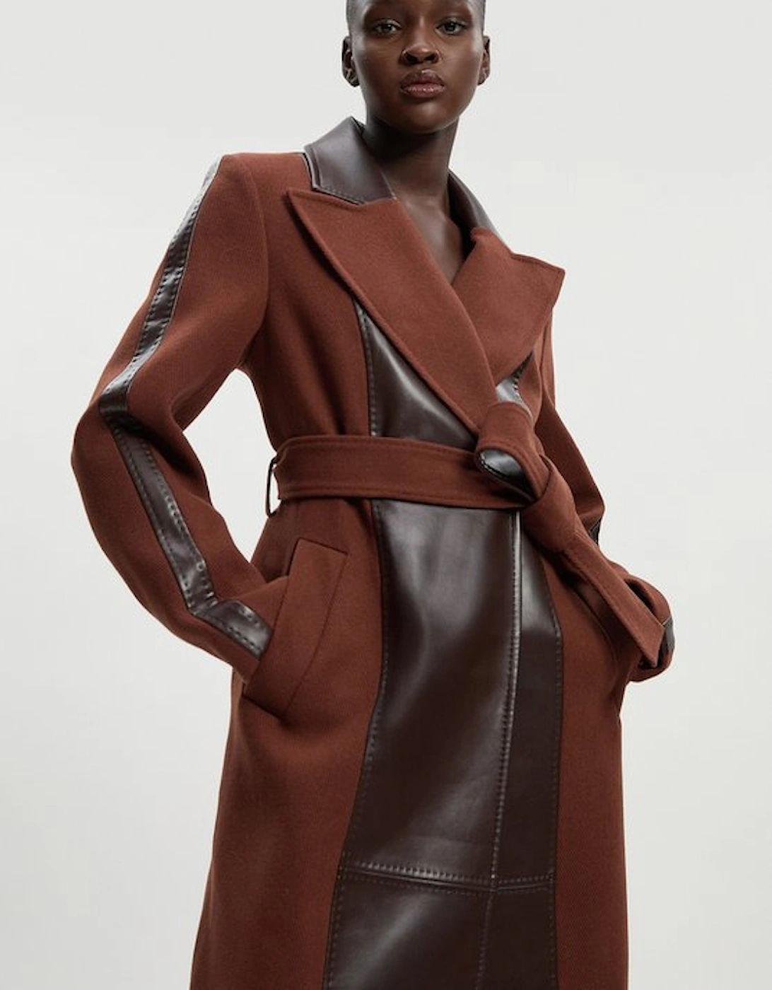 Wool PU Mix Belted Midi Coat, 5 of 4
