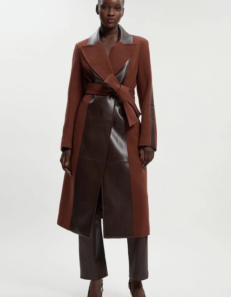 Wool PU Mix Belted Midi Coat